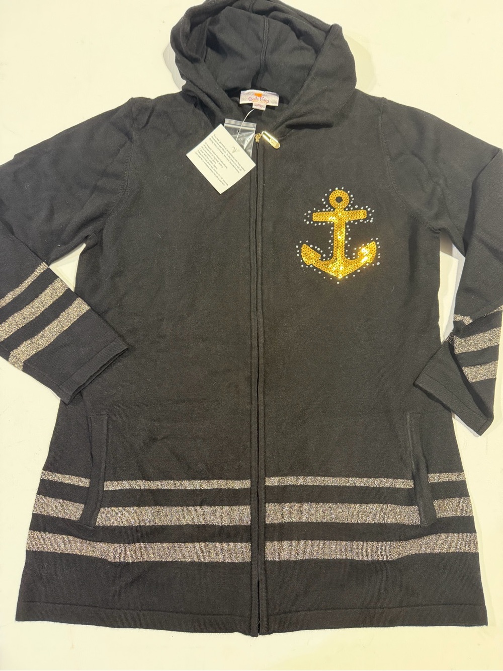 Quacker Factory Black Hooded Zip Jacket with Gold Anchor